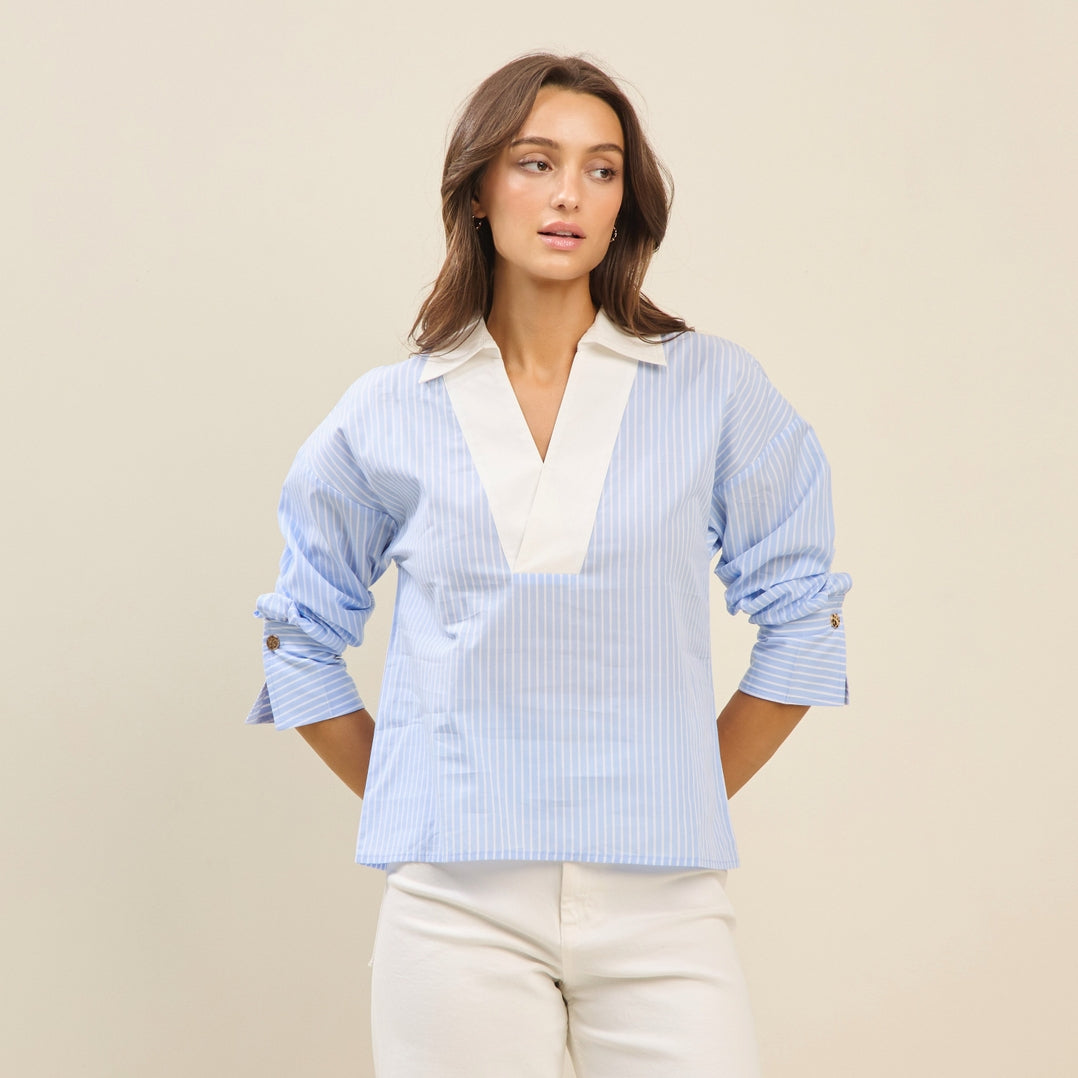 Shanie Colorblock Pinstripe Blouse with long sleeves, spread collar V-neck in a pinstripe pattern.