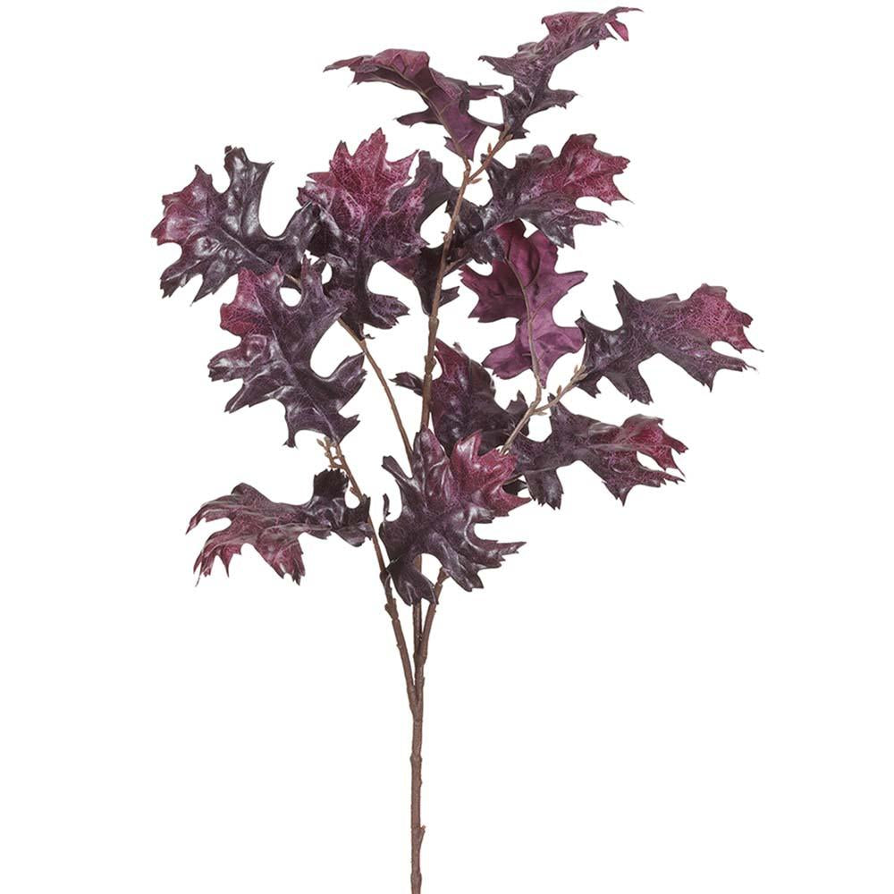 28-inch artificial oak leaf spray with two-tone purple polyester leaves on a brown stem.