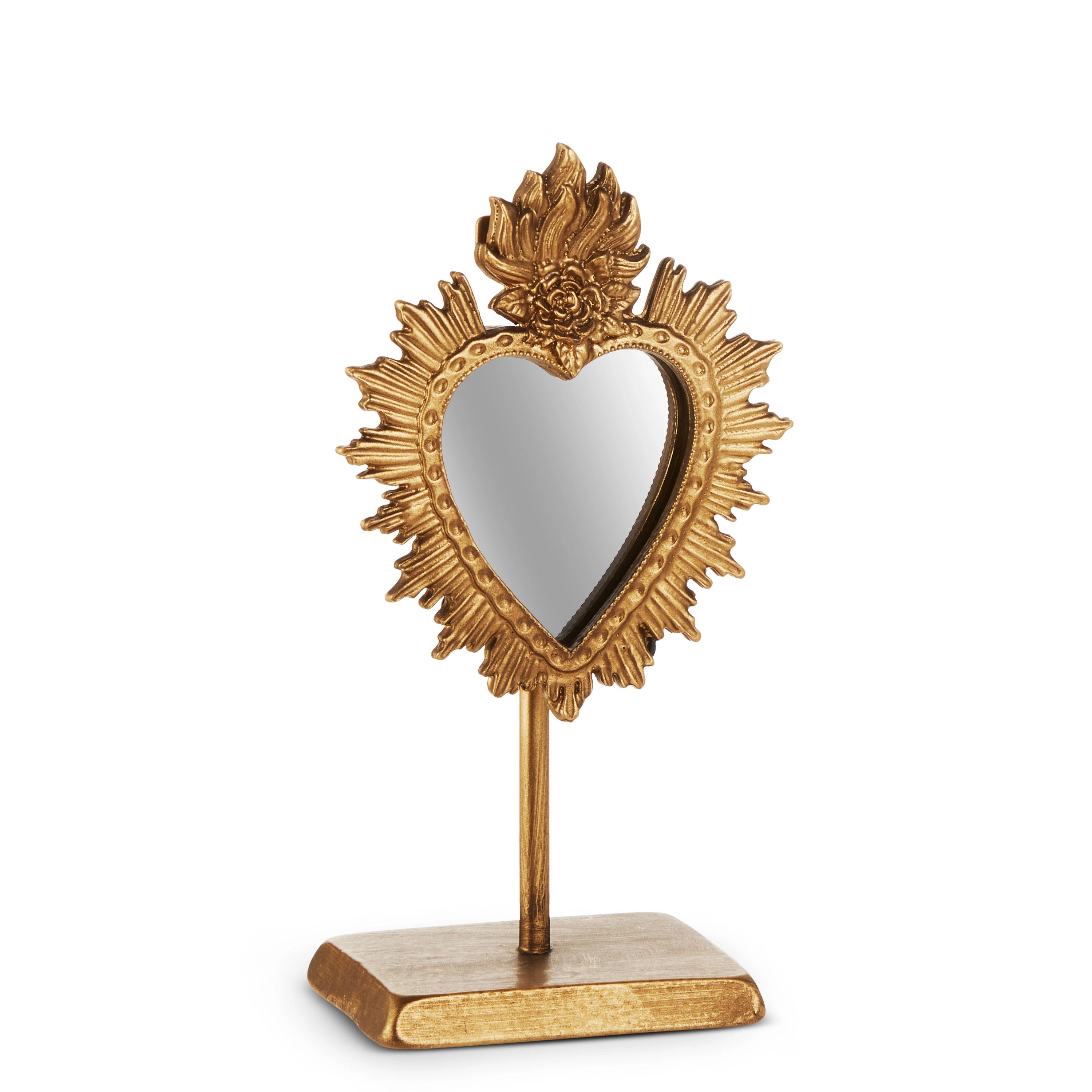 7-inch gold mirrored heart on a stand with a sunburst frame and flame detail.
