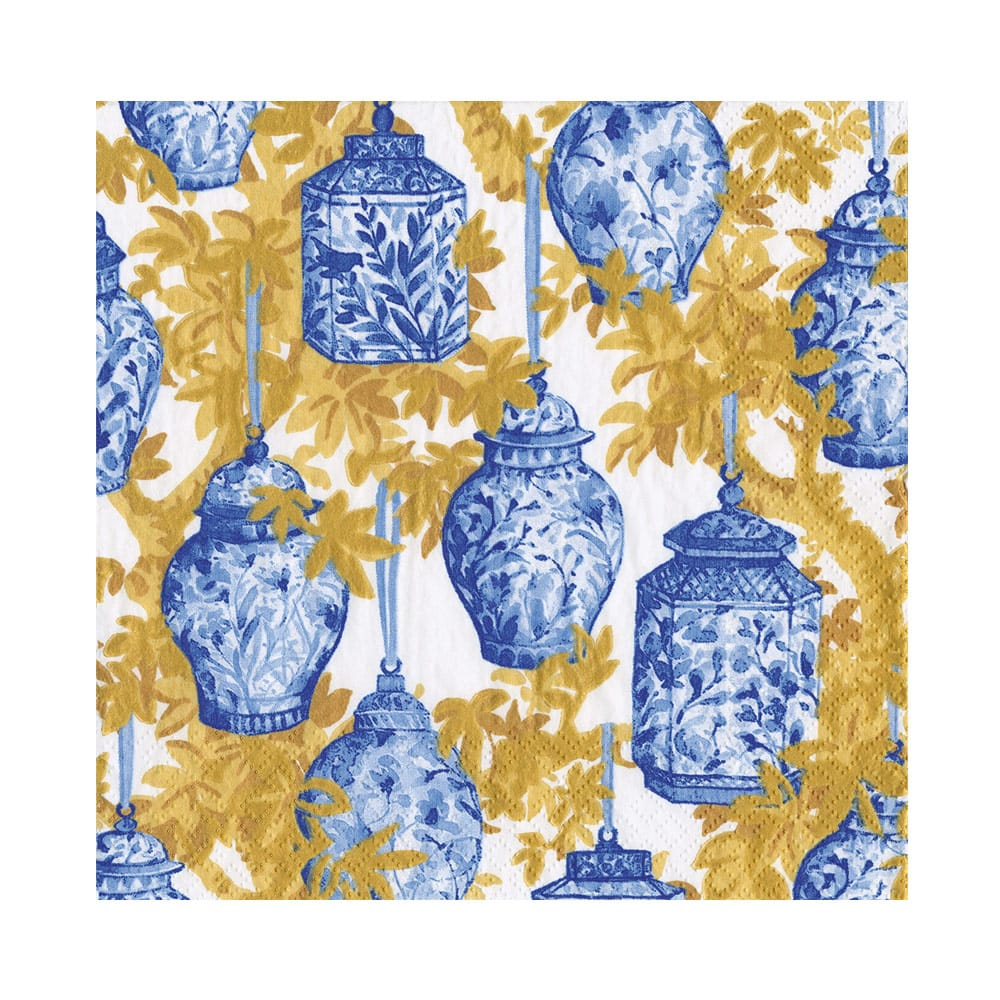 Luncheon napkin featuring blue and white ginger jars hanging from golden yellow branches.