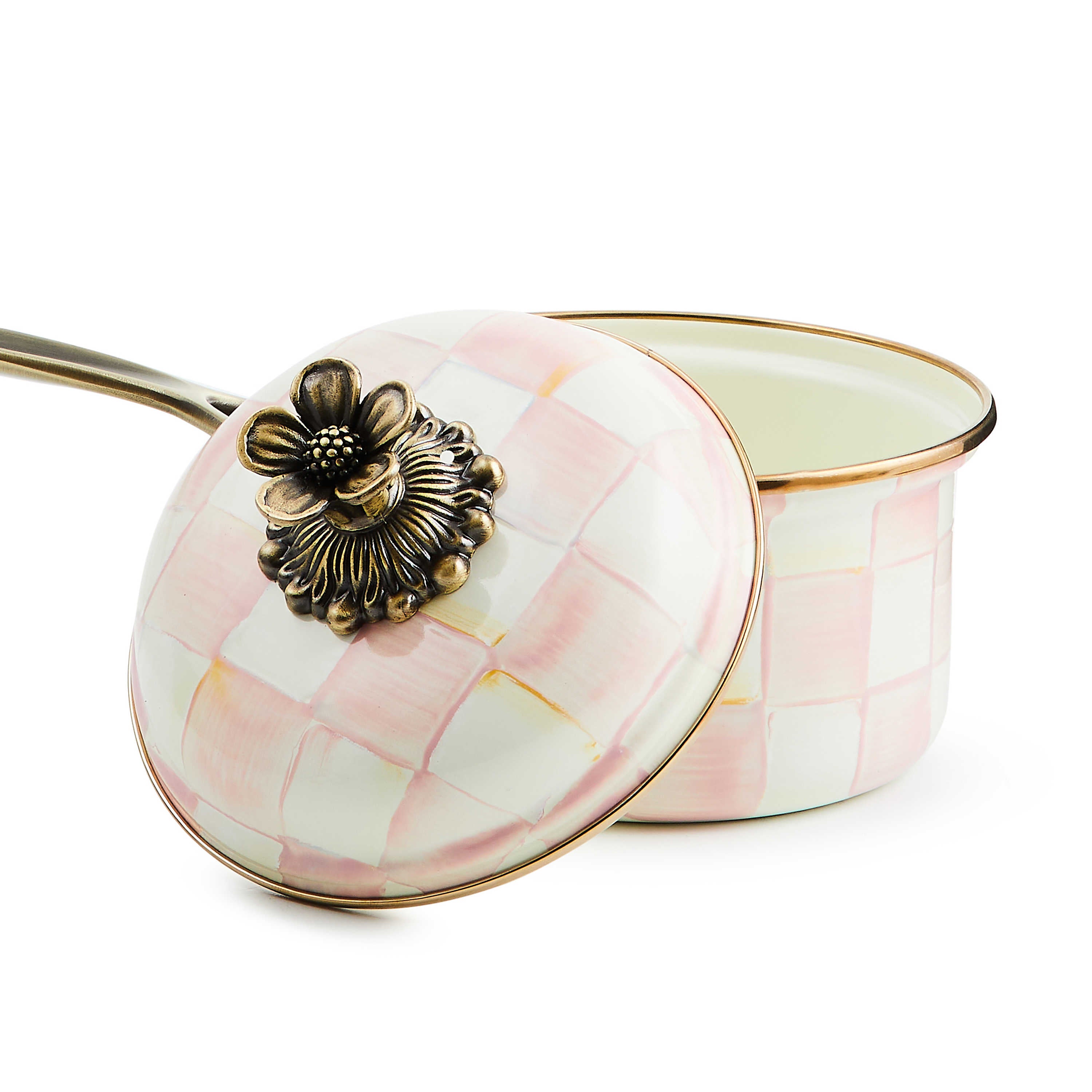 Rosy Check 1 Qt. Saucepan with hand-painted pink and white checks and a floral brass knob.