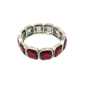Ruby rhinestone stretch bracelet with square-cut red stones in silver-tone settings.
