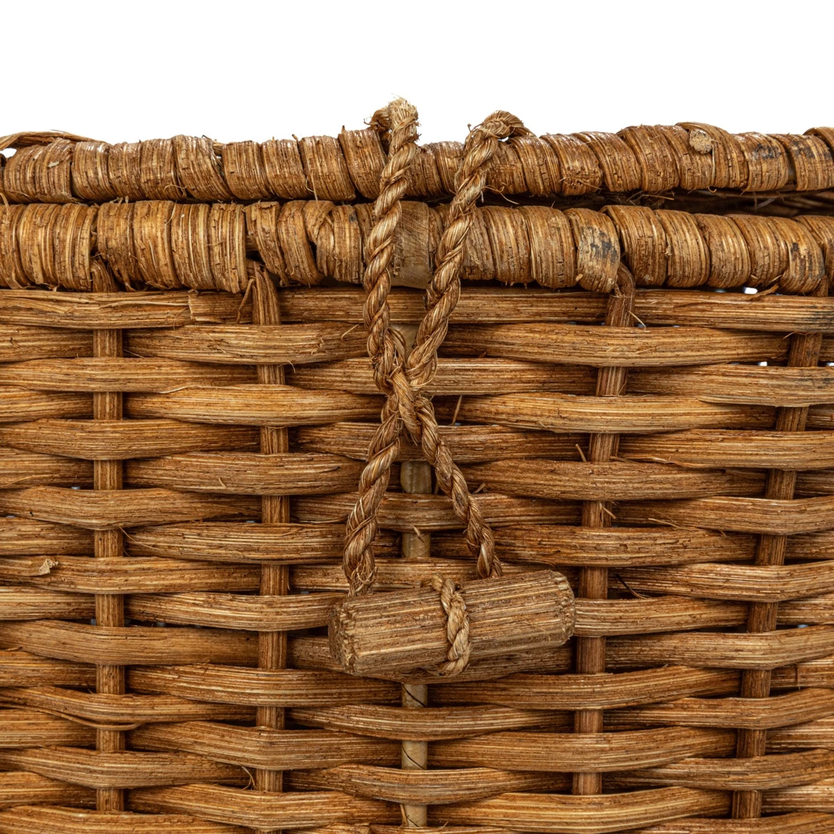 Oval rattan wicker picnic basket with open side compartment and two handles