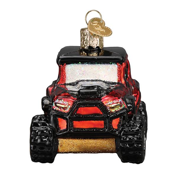 Red and black glass Side By Side ATV Christmas ornament with glitter accents and a gold heart tag.