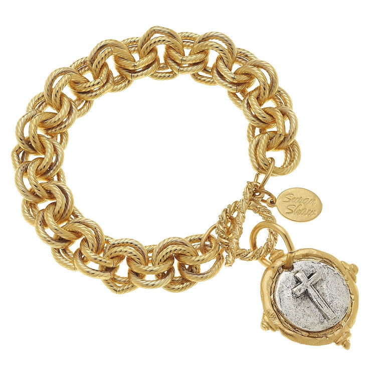 Mixed metal gold-tone chunky chain toggle bracelet with a silver-tone cross coin charm.