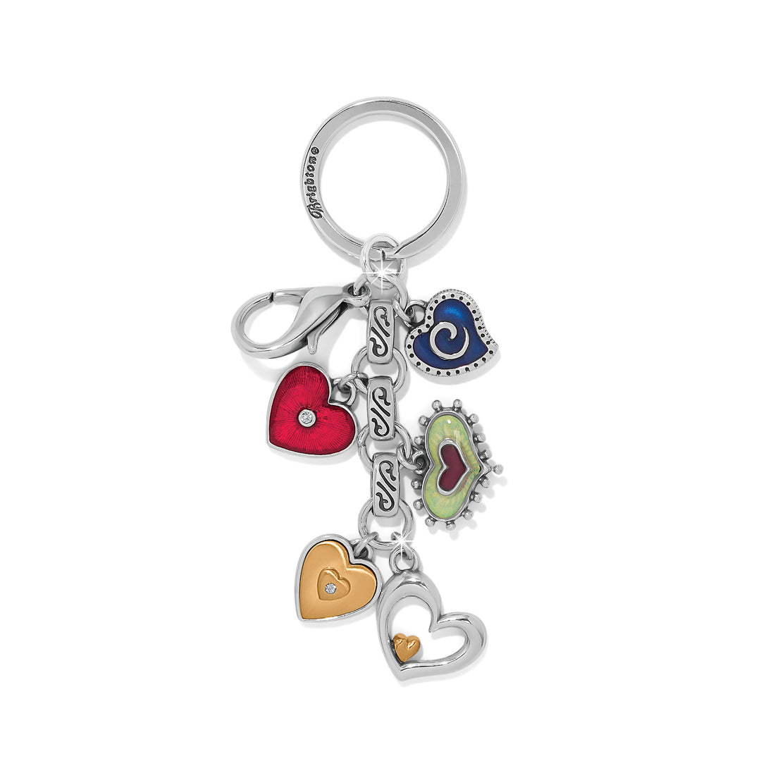 Silver-tone One Heart Key Fob with colorful enamel heart charms and crystal accents.