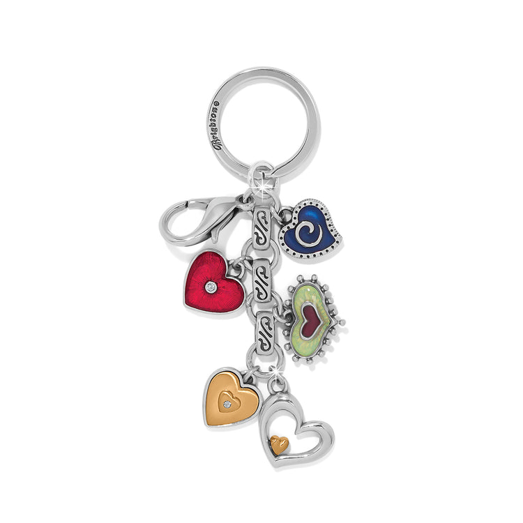 Silver-tone One Heart Key Fob with colorful enamel heart charms and crystal accents.