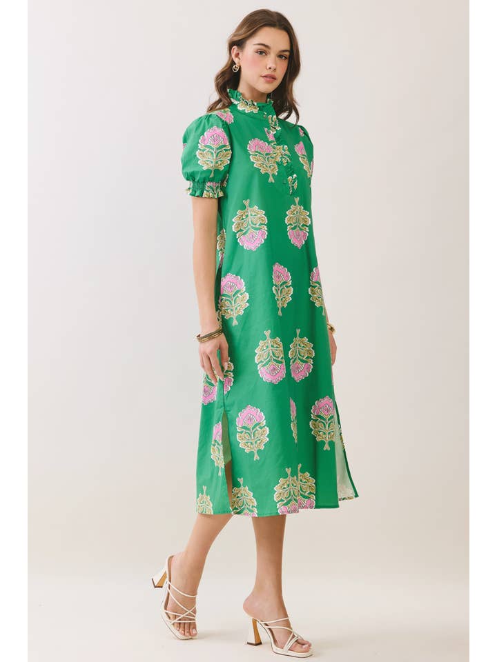 Lysa Floral Print Ruffle Collar Button Down Midi Dress