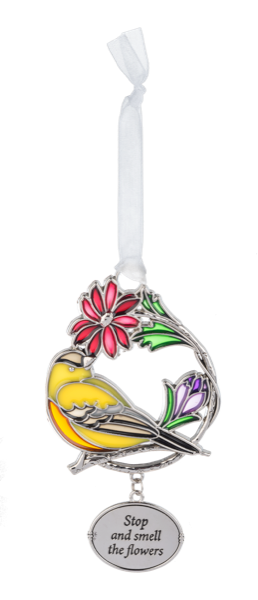 Zinc Blooms & Birds ornament featuring a floral bird silhouette measuring 3.75 inches tall.