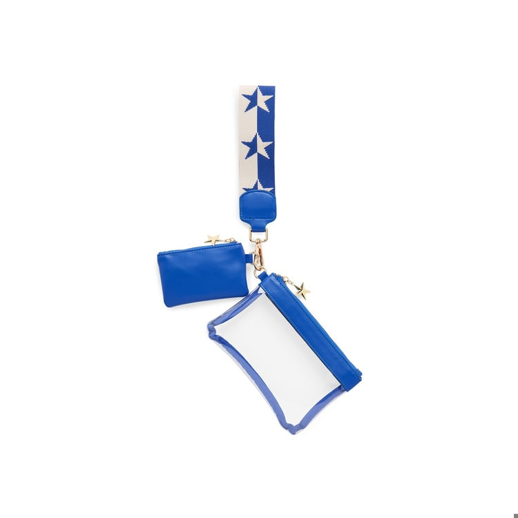 Blue and white star-patterned wristlet with a clear pouch and a small blue solid pouch.