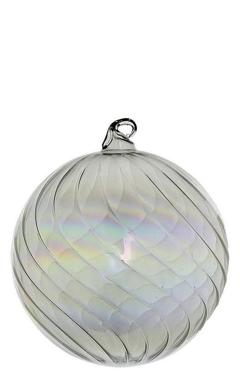 Silver swirl glass ball ornament with a reflective metallic finish