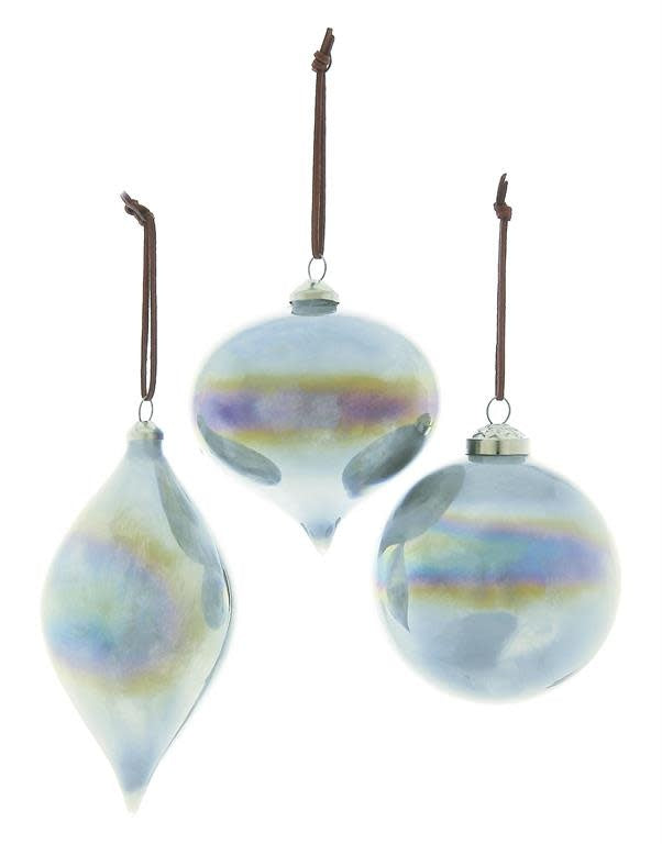 Pearl-finish glass ornament with a frosted texture in an oval silhouette.
