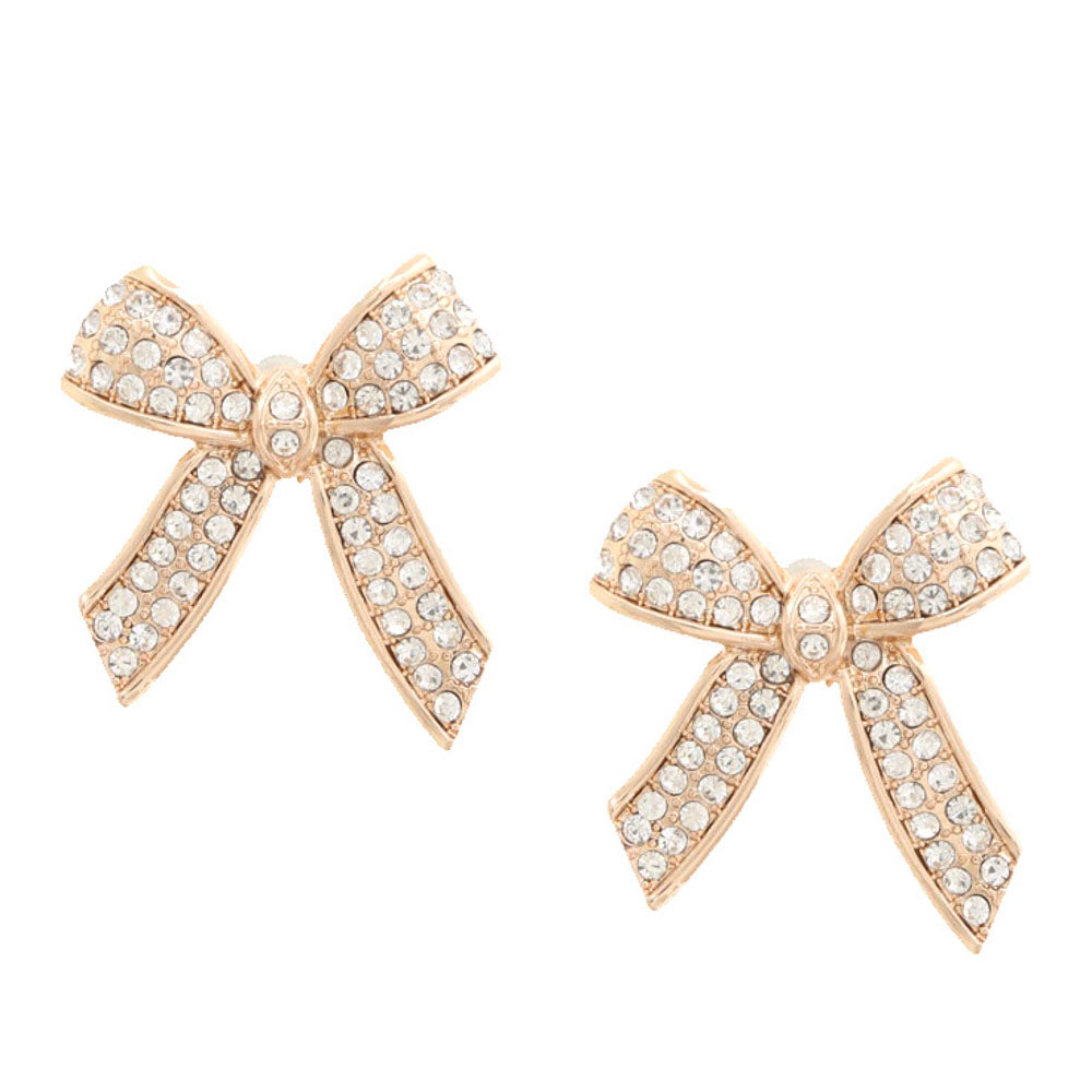 Gold metal bow earring with sparkling rhinestone crystals