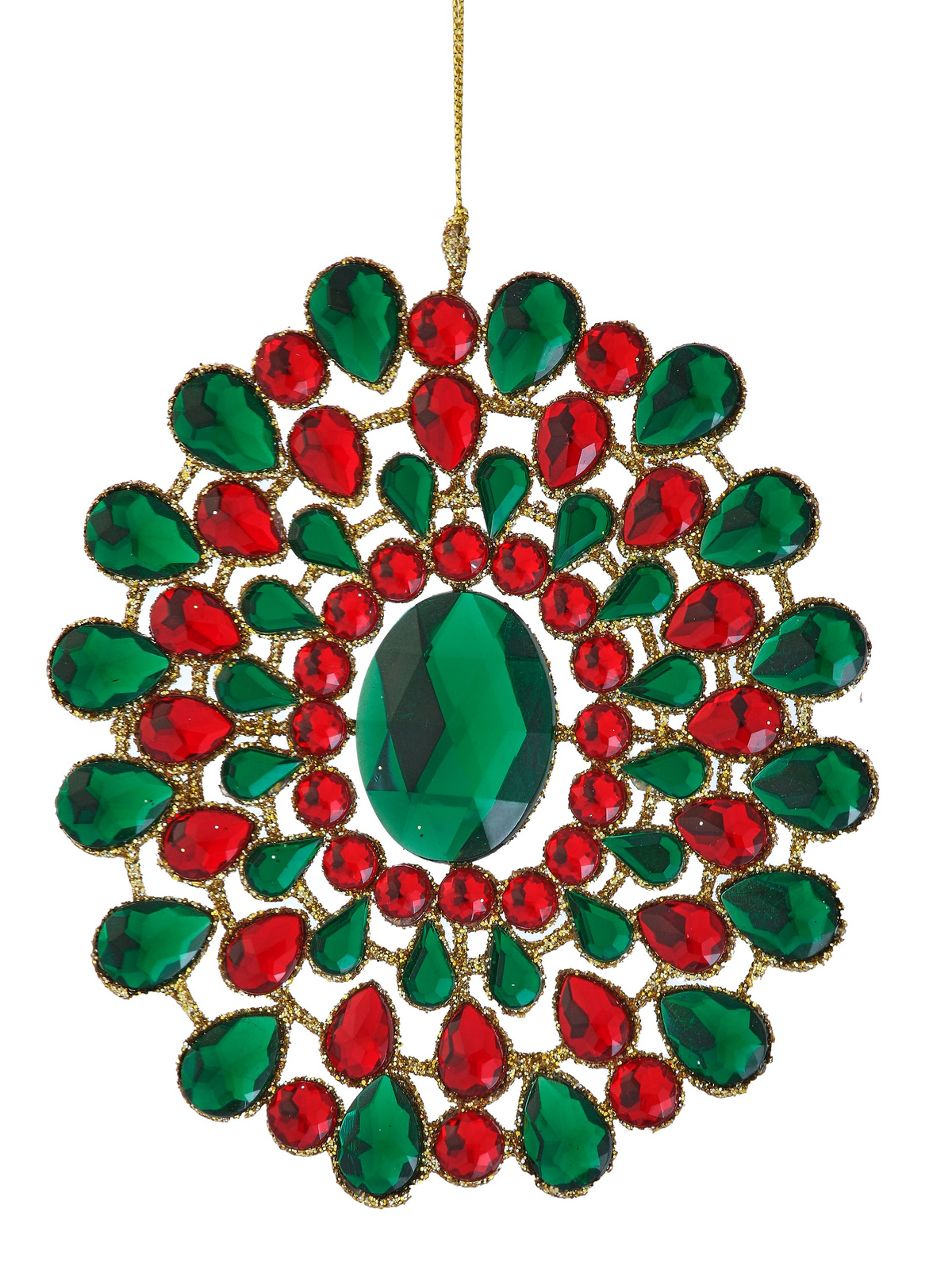 5.5-inch medallion ornament with red and green jewels and gold glitter accents.