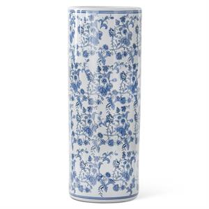 Blue and white ceramic cylinder vase with chinoiserie floral patterns.