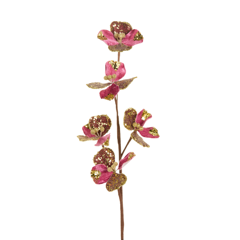 23.5-inch pink velvet floral spray with gold glitter accents on a brown stem.