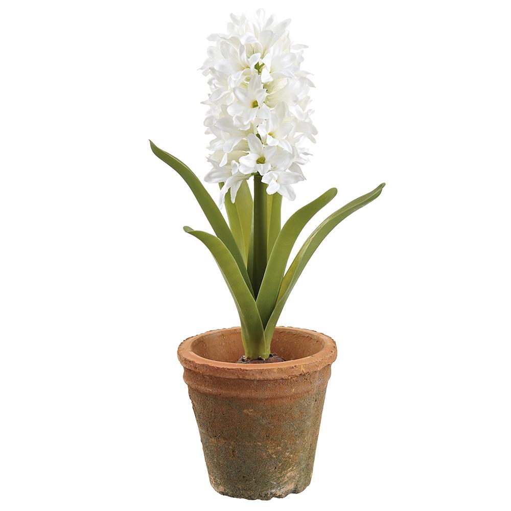 Sixteen-inch white hyacinth artificial plant in an aged clay pot with wire support.