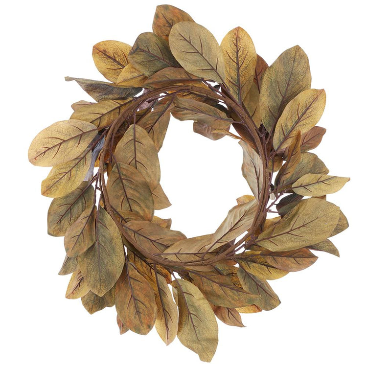 28-inch magnolia leaf wreath with realistic brown and green polyester leaves on a circular base.