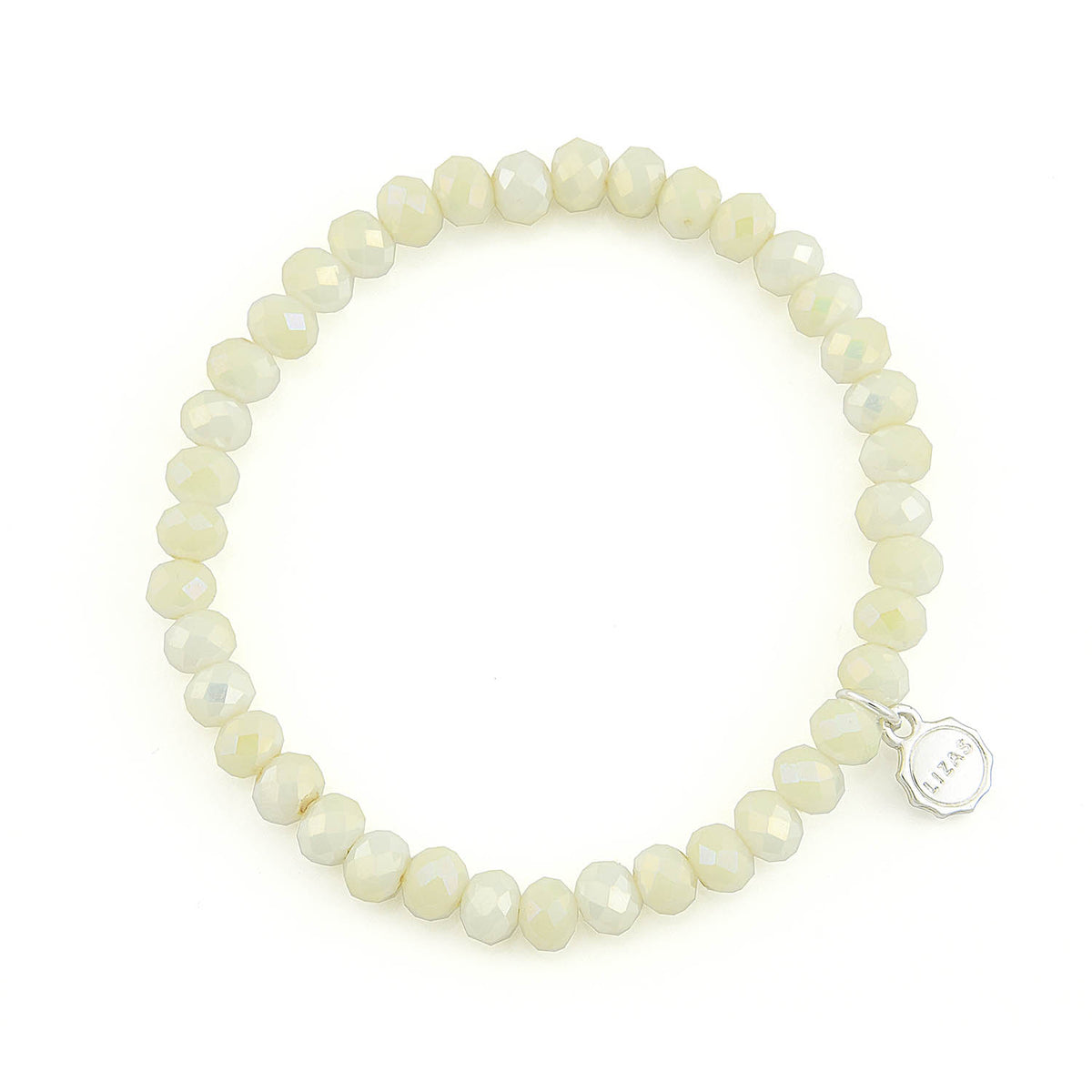 Stretchy beaded bracelet with faceted glass beads in a colorful pattern.