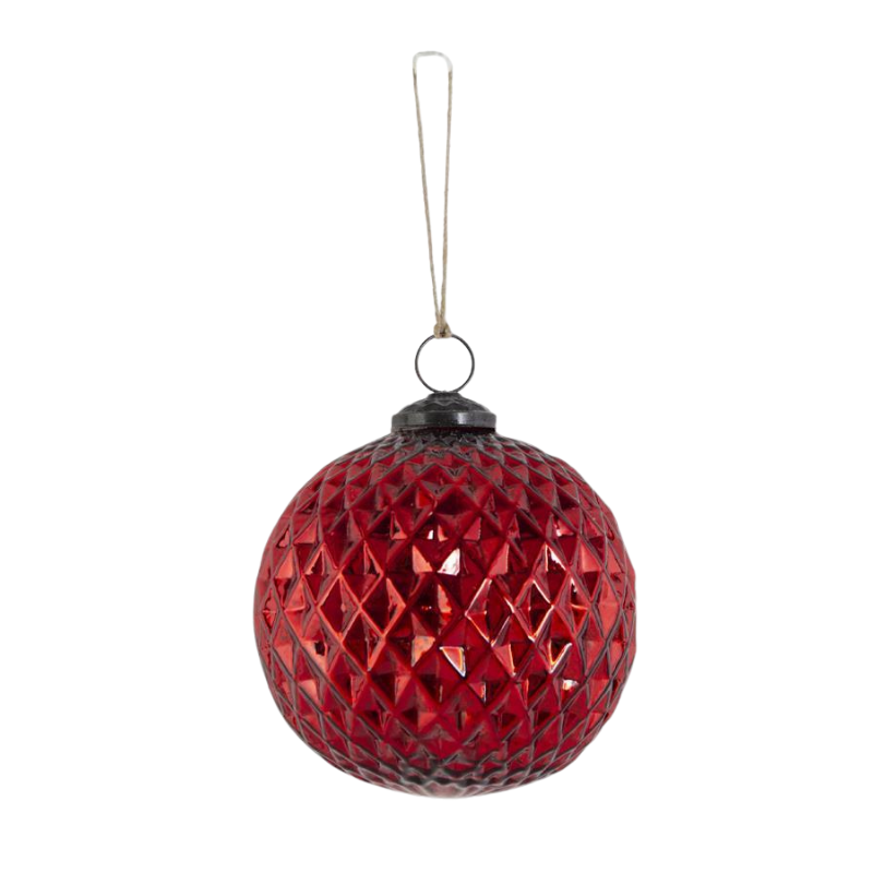 5-inch red mercury glass ornament with a diamond-patterned texture and silver hanging loop.