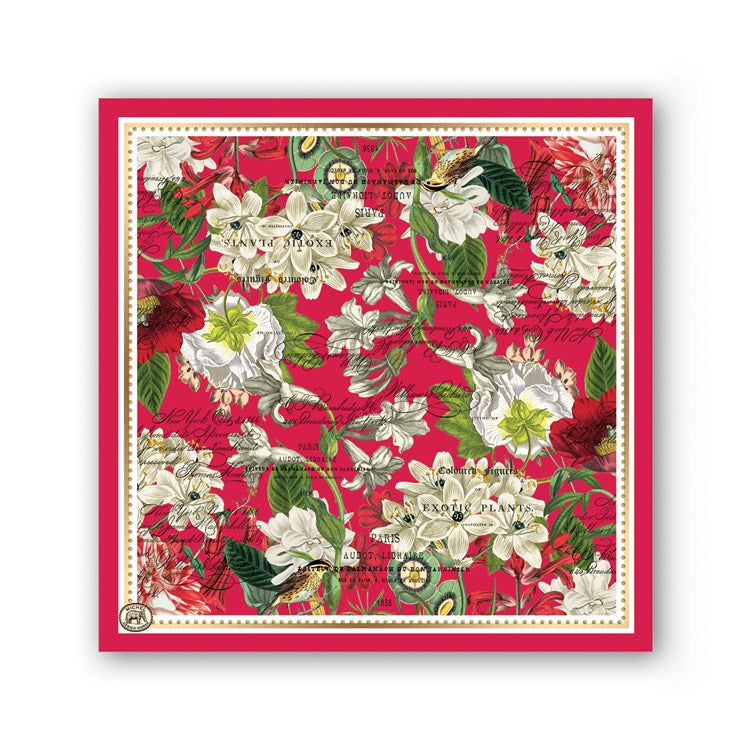 Packaged holiday cocktail napkins with a festive seasonal pattern.