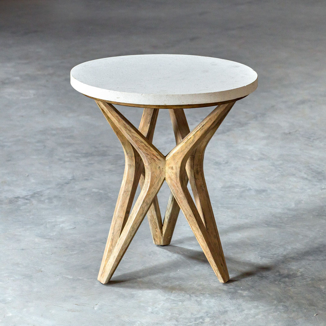 Marnie Limestone side table with a rectangular limestone top in natural stone texture and tapered legs.