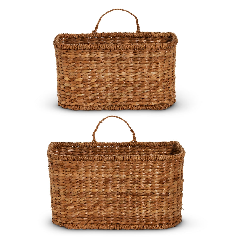 Small water hyacinth woven basket with a natural texture and sturdy handle.