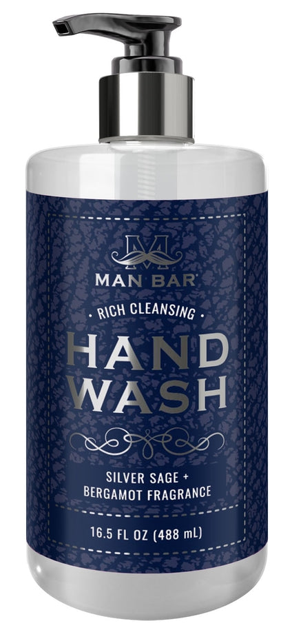 Man Bar Hand Wash bottle with a dark label featuring white text.