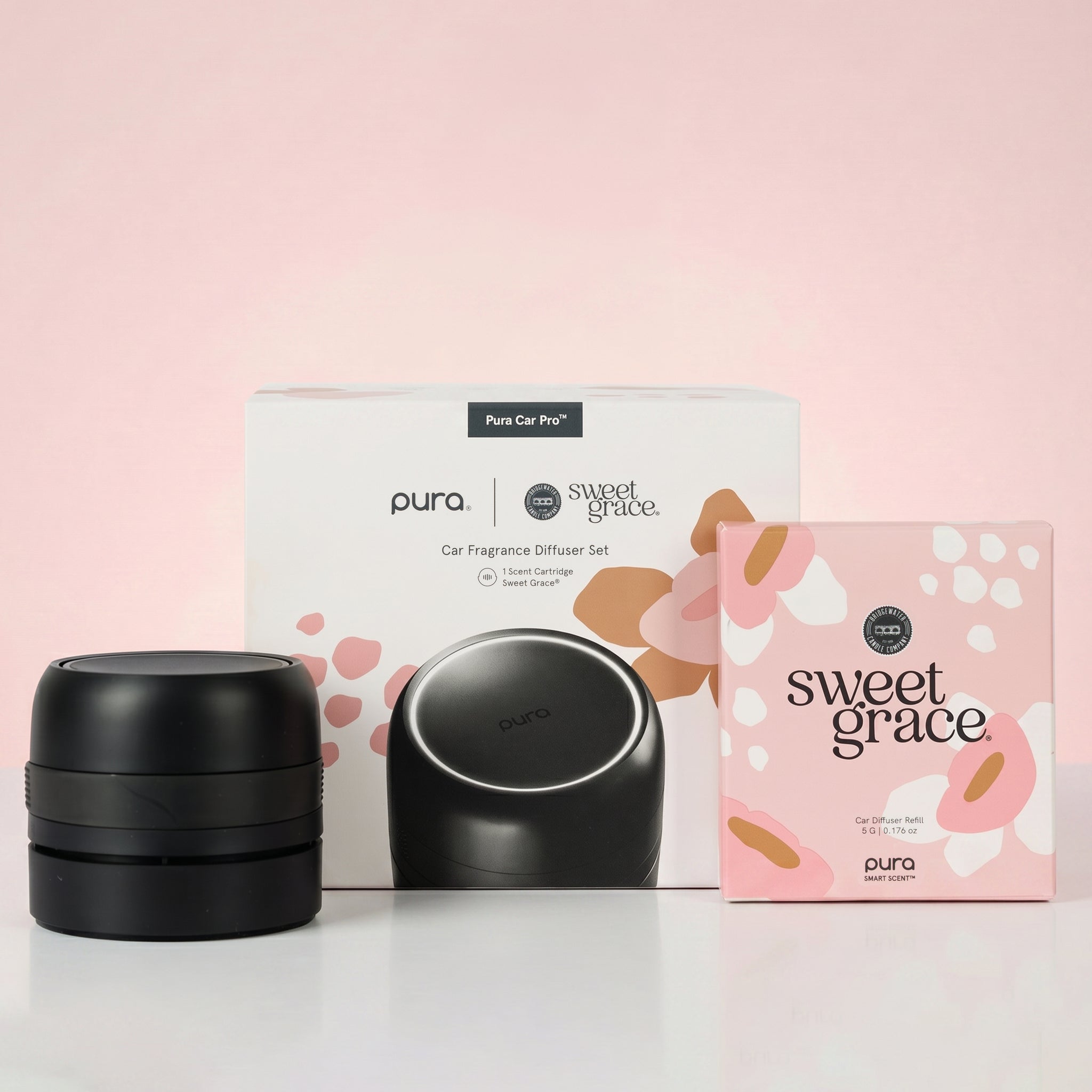 Pura Car Pro Diffuser set with black device, starter kit box, and Sweet Grace scent refill box.