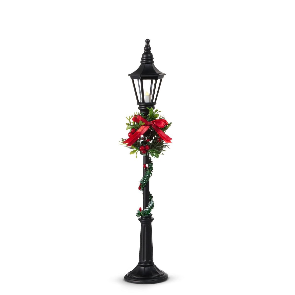 Black plastic lamp post with integrated lighting features a repeating six-hour timer cycle.