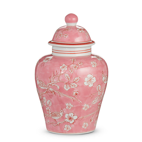 Clay ginger jar in pink with a cylindrical shape.