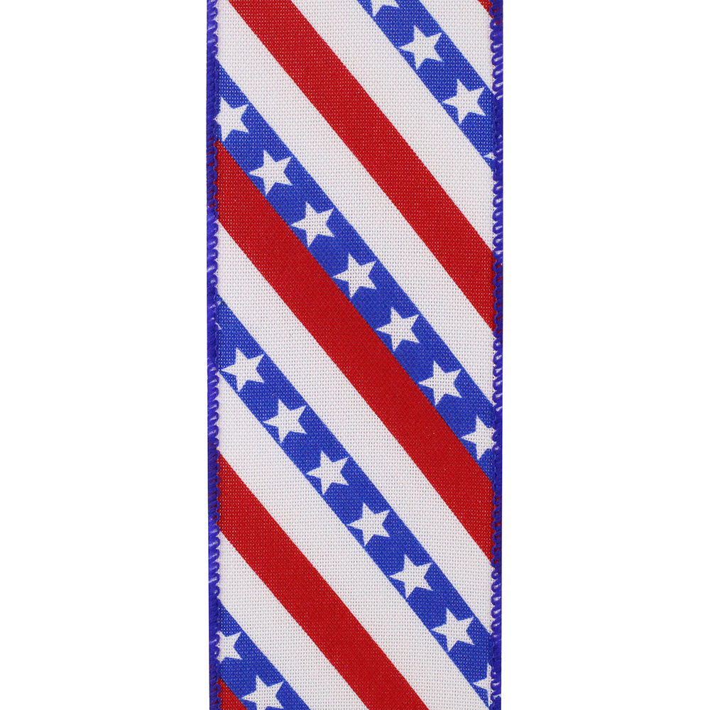 Royal blue wired-edge table runner with white stars and stripes pattern made from polyester fabric.