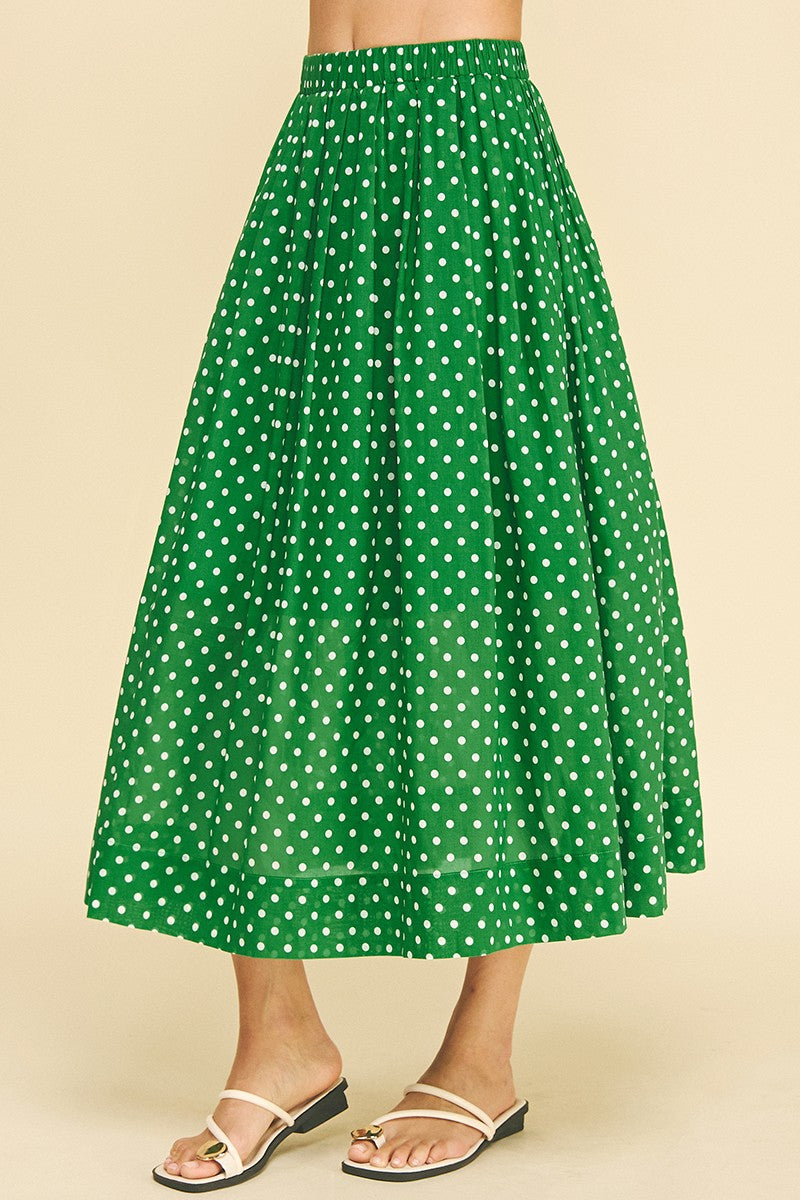 Mila polka dot midi skirt in cotton with elastic waist and pleated detail