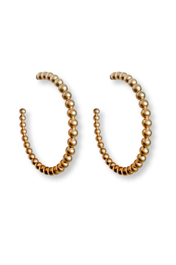 A pair of gold WS Grace Hoop Earrings featuring a beaded, textured design in a circular shape.