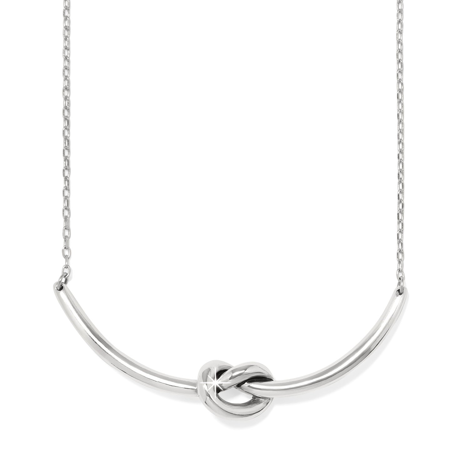Interlok Single Knot Necklace in silver plating with a curved bar and central knot pendant.
