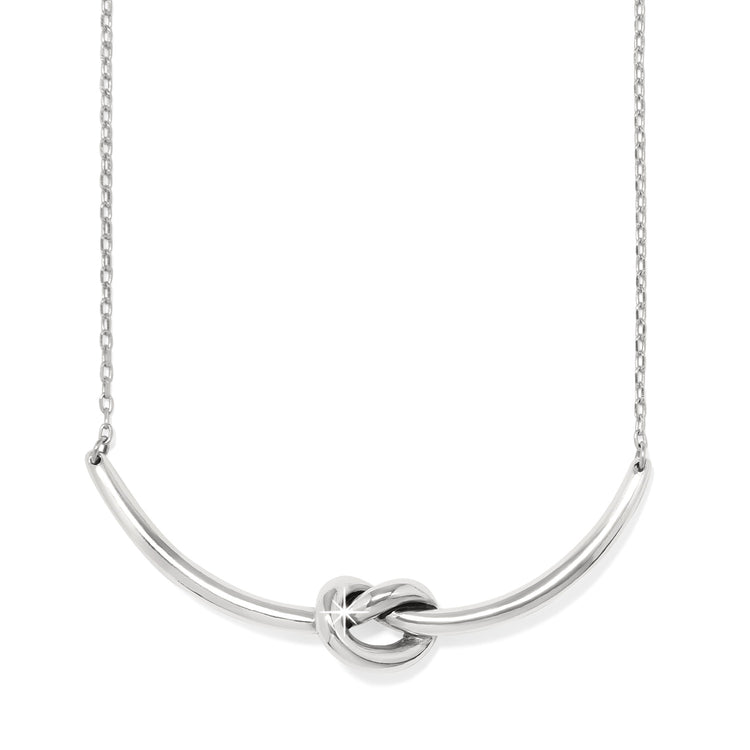 Interlok Single Knot Necklace in silver plating with a curved bar and central knot pendant.