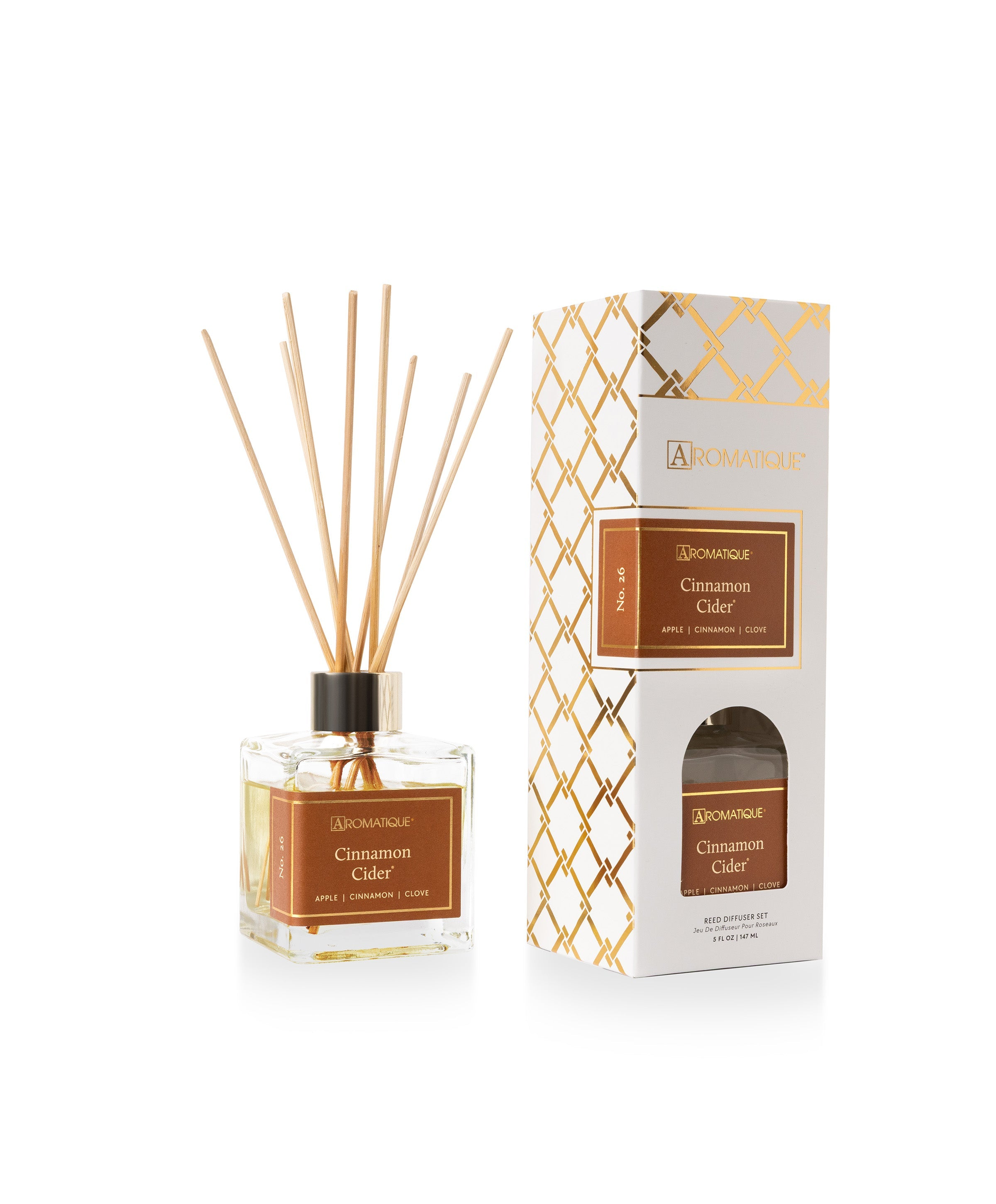 Aromatique Cinnamon Cider Reed Diffuser Set with a glass bottle, wooden reeds, and decorative box.