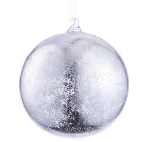 6-inch silver glass ball ornament with a distressed, metallic finish and a clear hanging loop.
