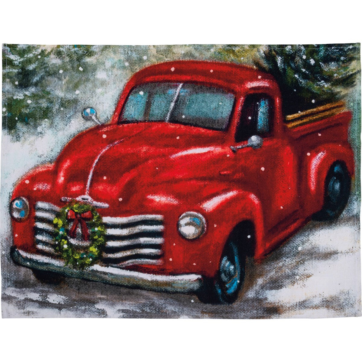 Red vintage truck with a Christmas wreath on the grille, driving through snow.