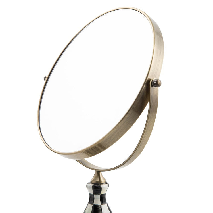 Hand-glazed enamel vanity mirror with stainless steel frame featuring a courtly check pattern.