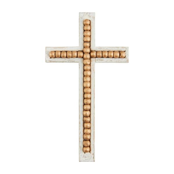 Large mango wood decorative cross with intricate gold bead detailing.