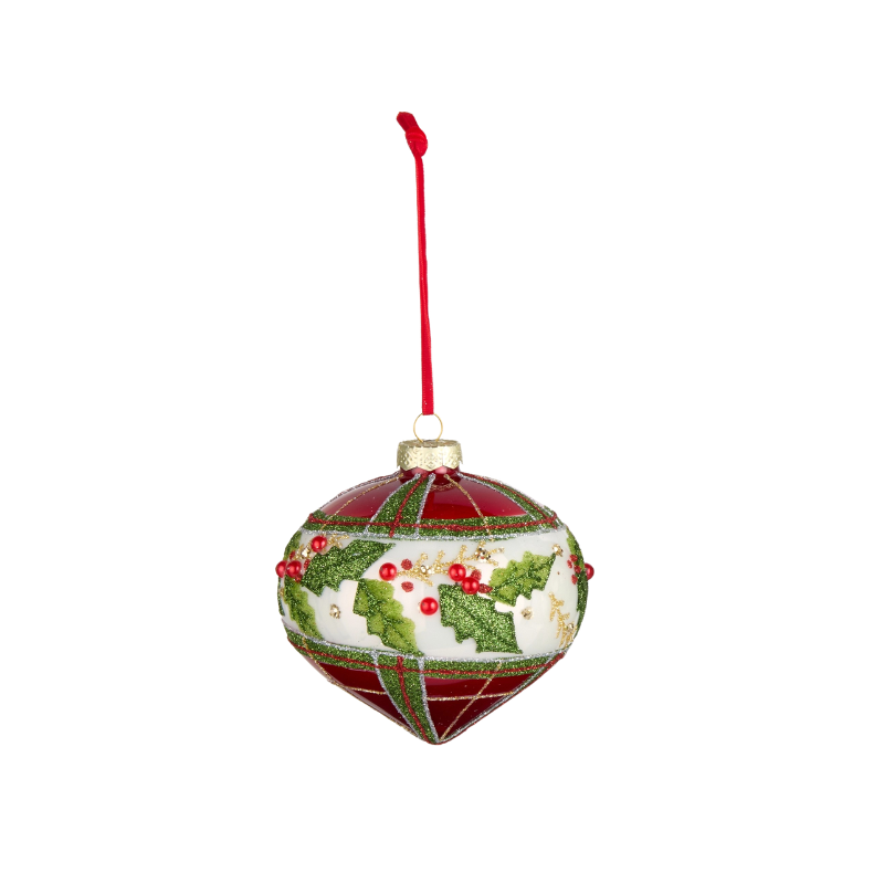 4-inch glass plaid holly ornament with red, white, and green glitter accents and a red ribbon.