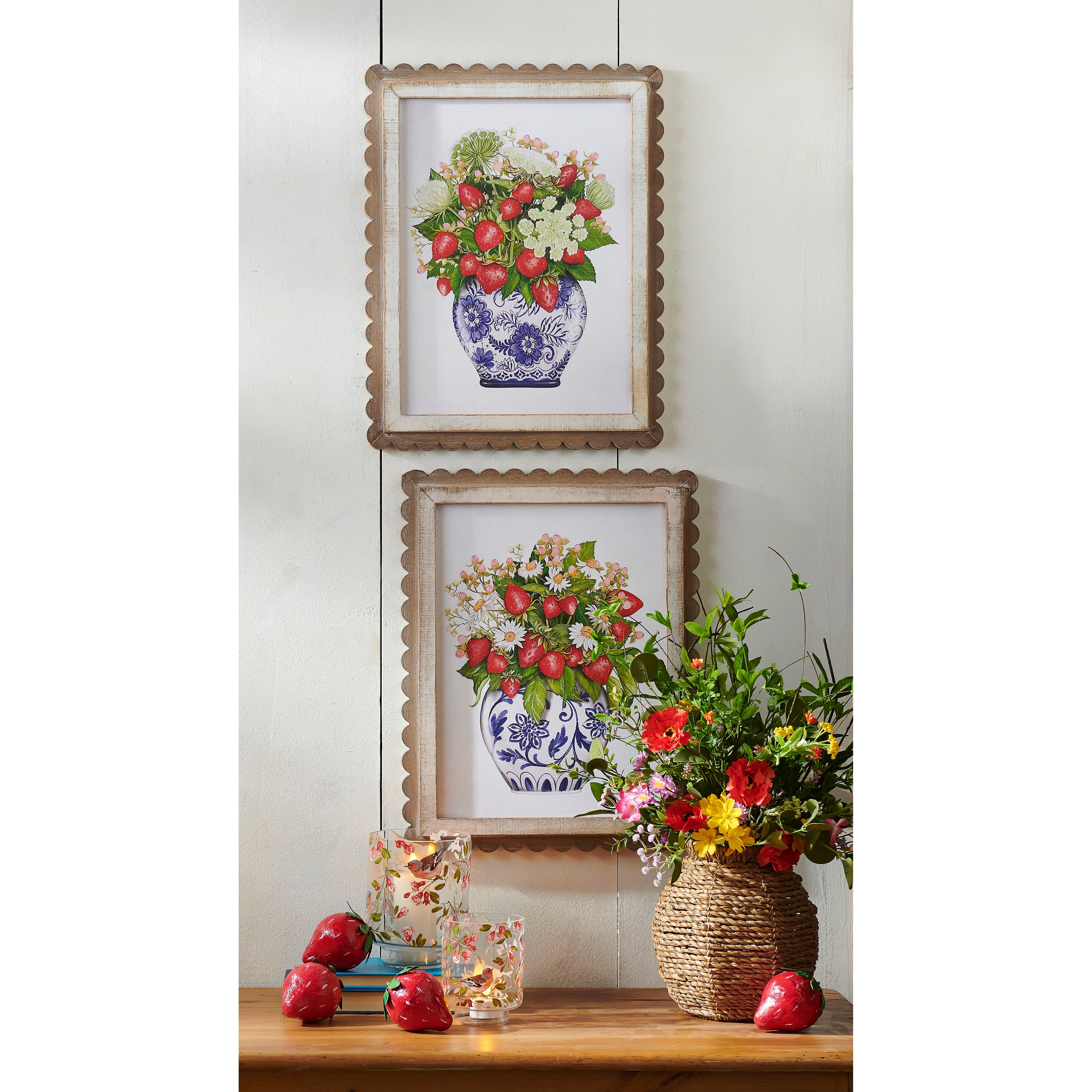 Scalloped framed wall art featuring a Wild Berry floral print on MDF veneer.