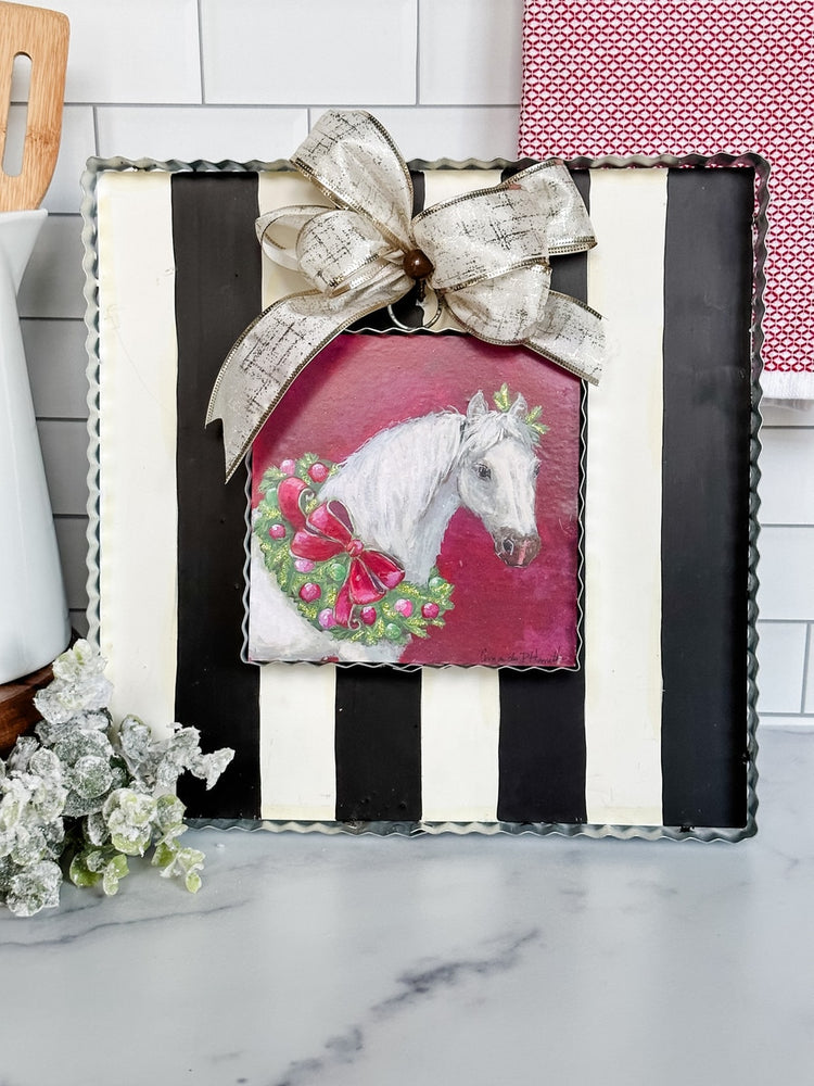Black and white striped square mini gallery display board with a scalloped metal edge.