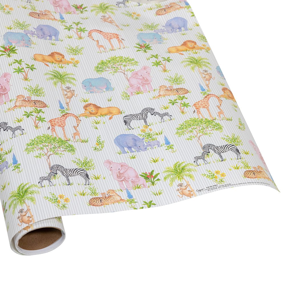 Roll of Safari-themed baby gift wrapping paper featuring animal prints on white background.
