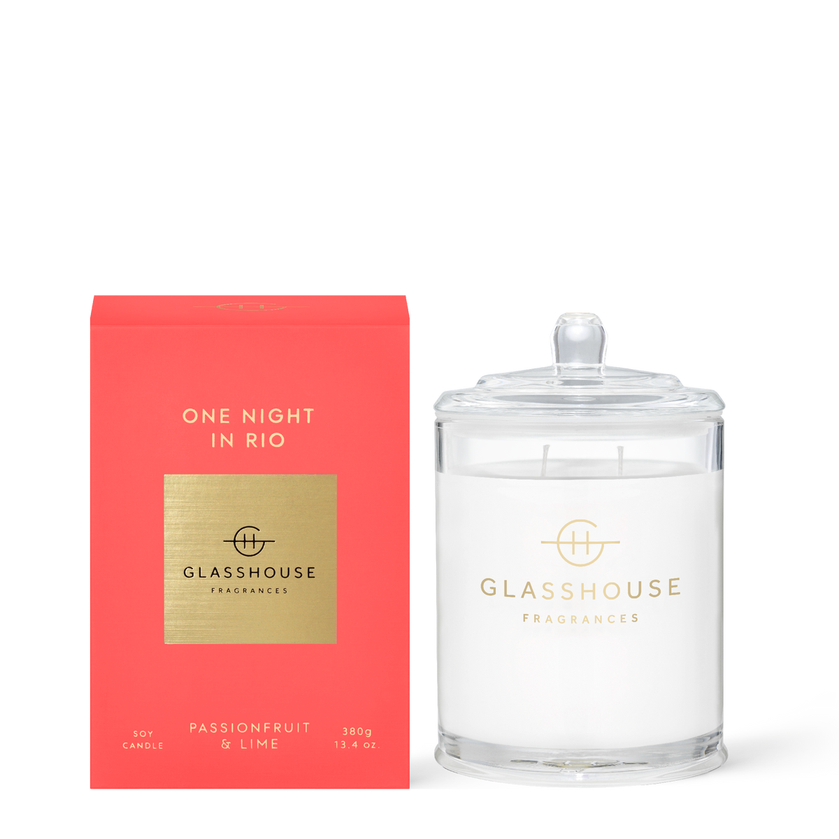 One Night In Rio candle in a clear glass jar with white wax.