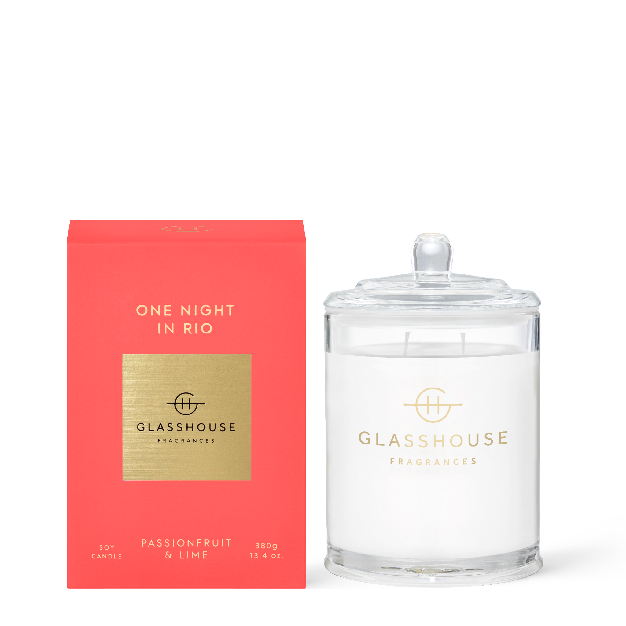 One Night In Rio candle in a clear glass jar with white wax.