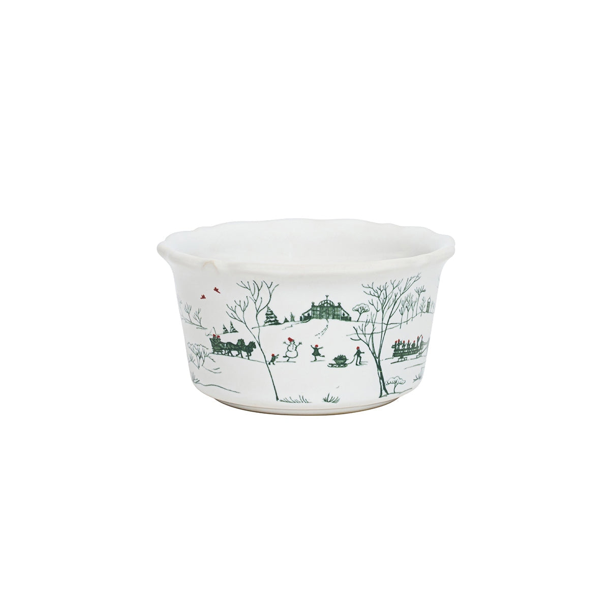 White ceramic ramekin with a fluted rim and green winter holiday scenes of the Country Estate.