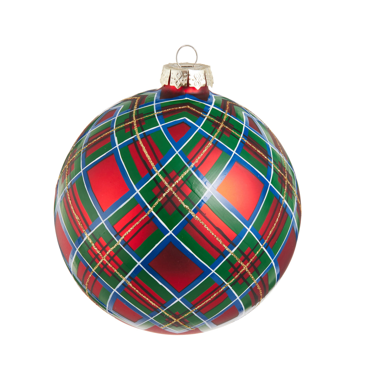 5-inch glass Christmas ball ornament with a red, green, and blue plaid pattern and gold glitter.