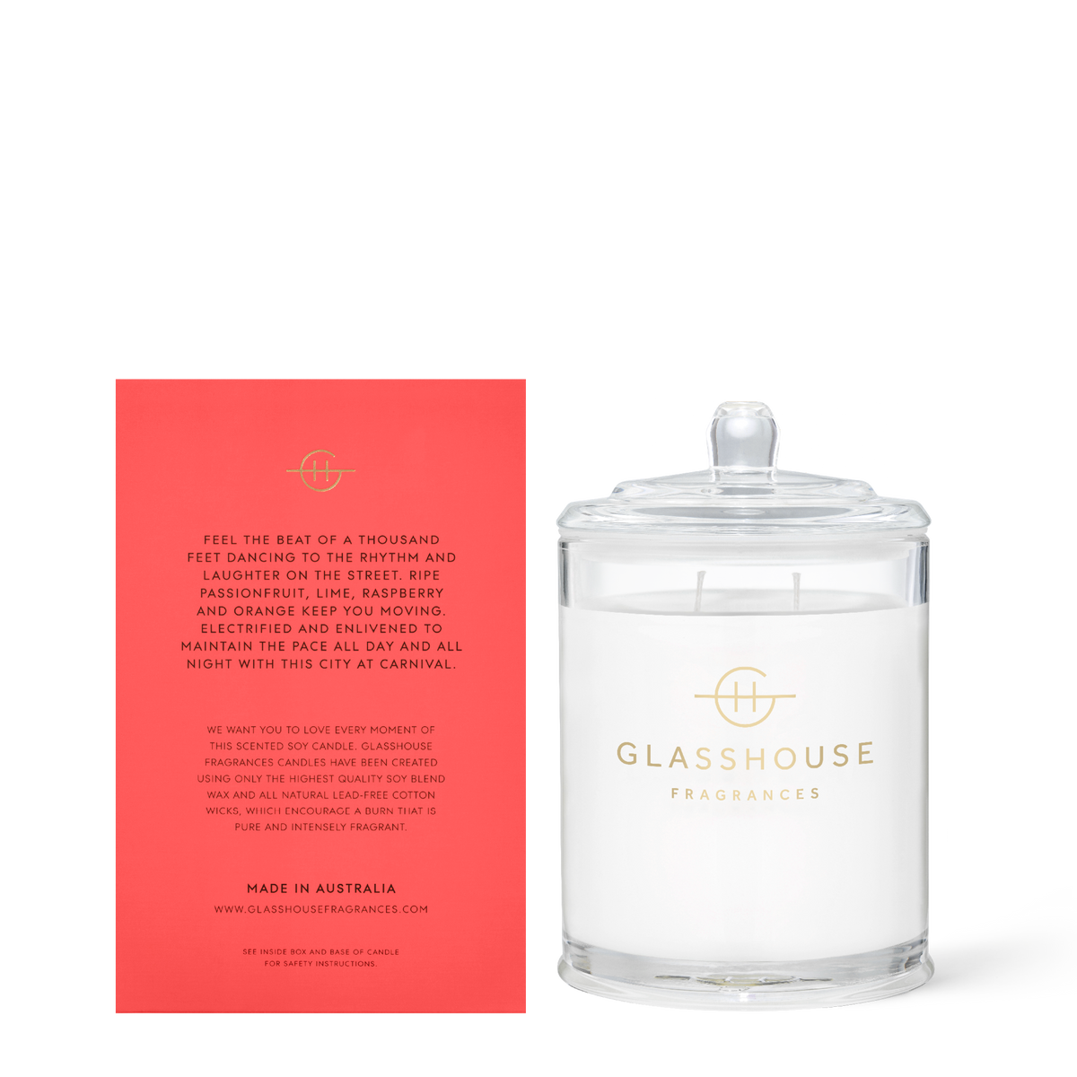 One Night In Rio candle in a clear glass jar with white wax.